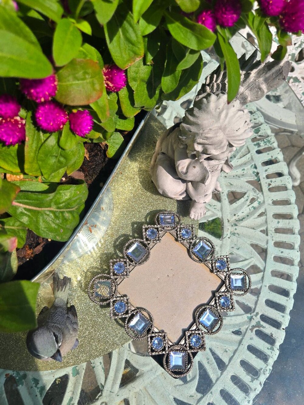 Vintage silver and light blue crystal glam vanity square picture frame